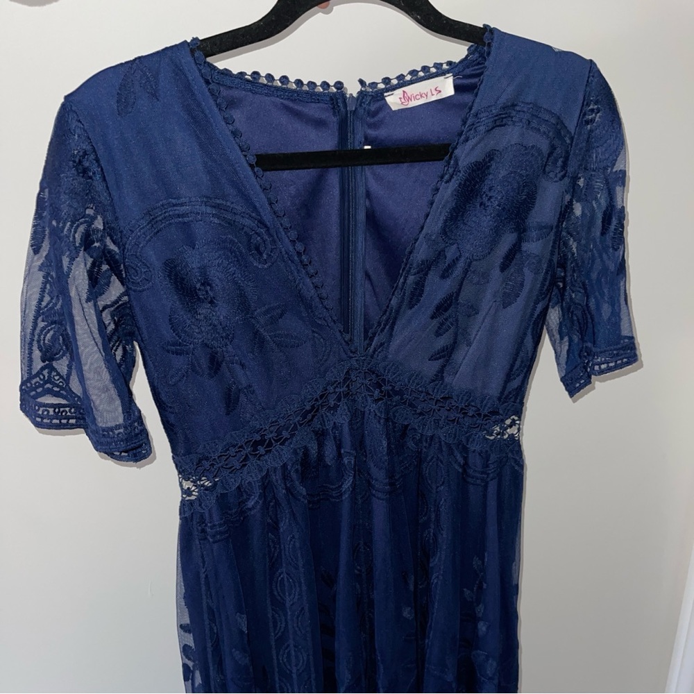 Navy Lace V-Neck Wedding Dress